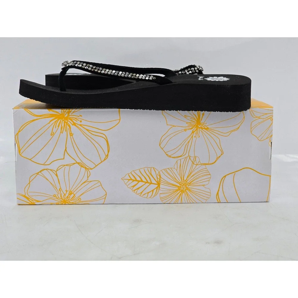 Yellow Box Jello Sandals Womens 9.5 Black Pewter Rhinestone Wedge - Excellent